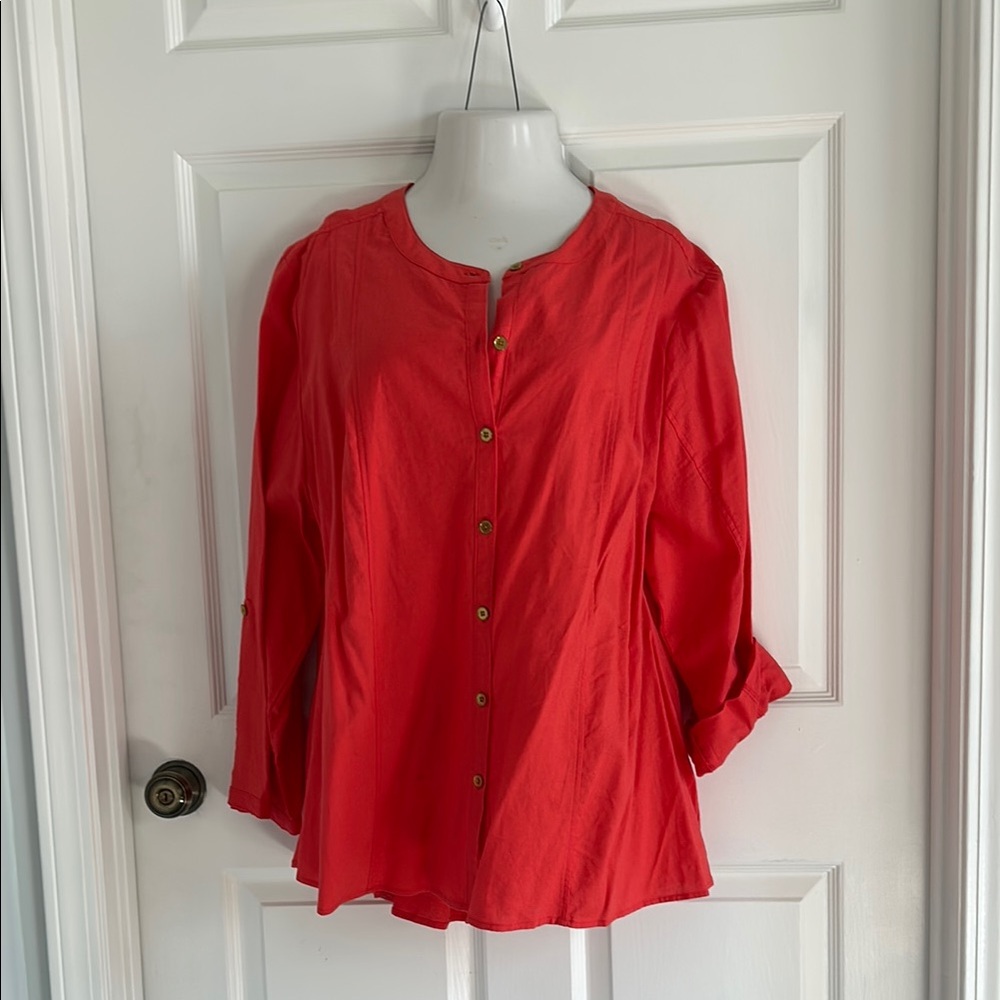 Avenue Red Relaxed Button Down Mandarin Collar Tunic